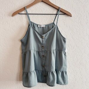 Paper Crane | green button down ruffle tank top | XS